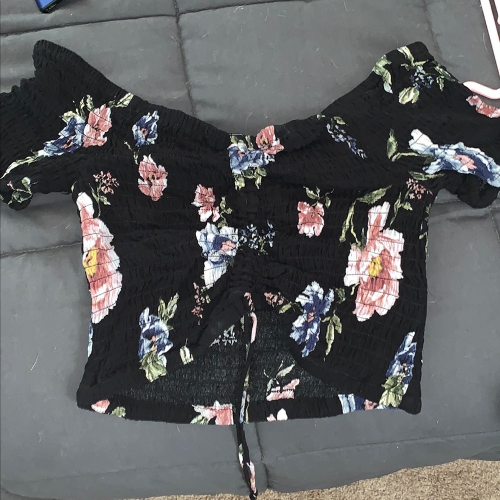 off the shoulder, scrunch, front tie crop top